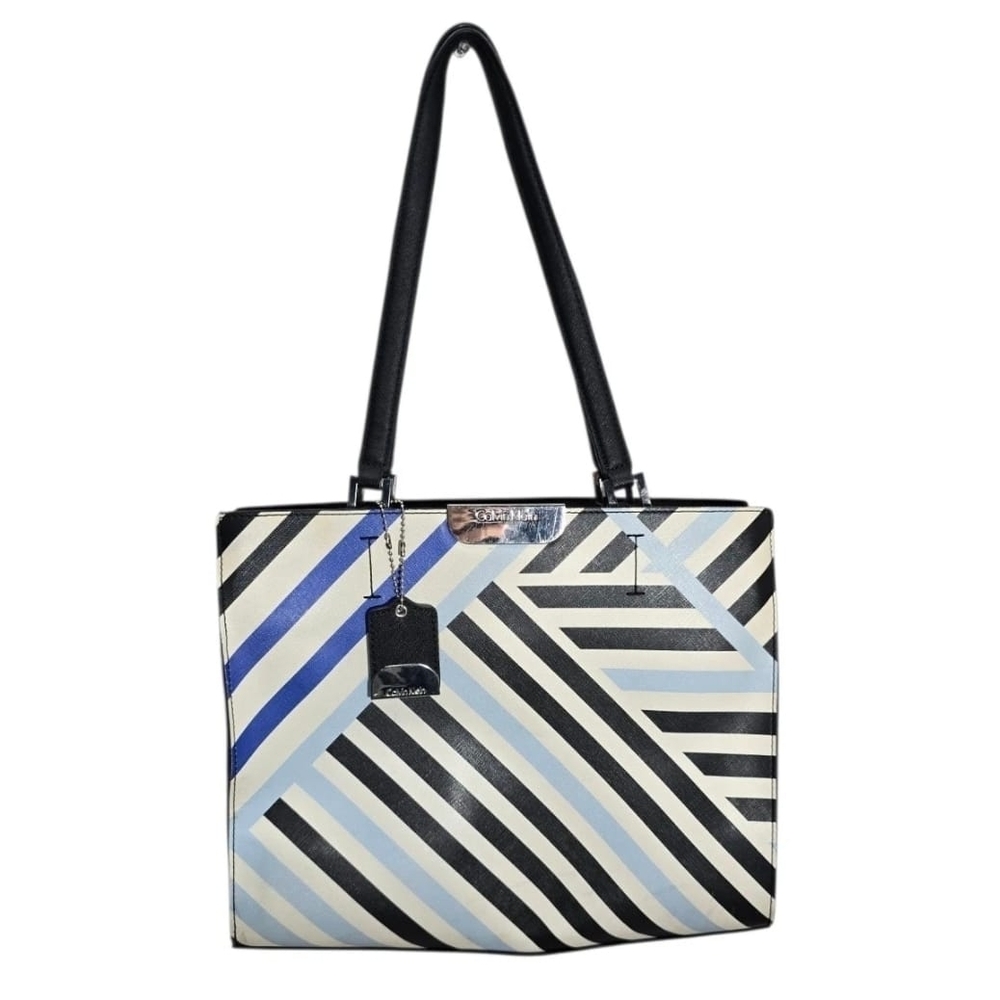 Calvin Klein Lola Saffiano Geometric Satchel, Stripe- Pick Blue, White & Black